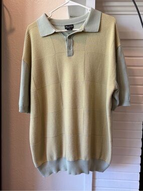 Vintage Peletti Knit Polo Sweater Shirt XL Sage Green Textured Short Sleeve